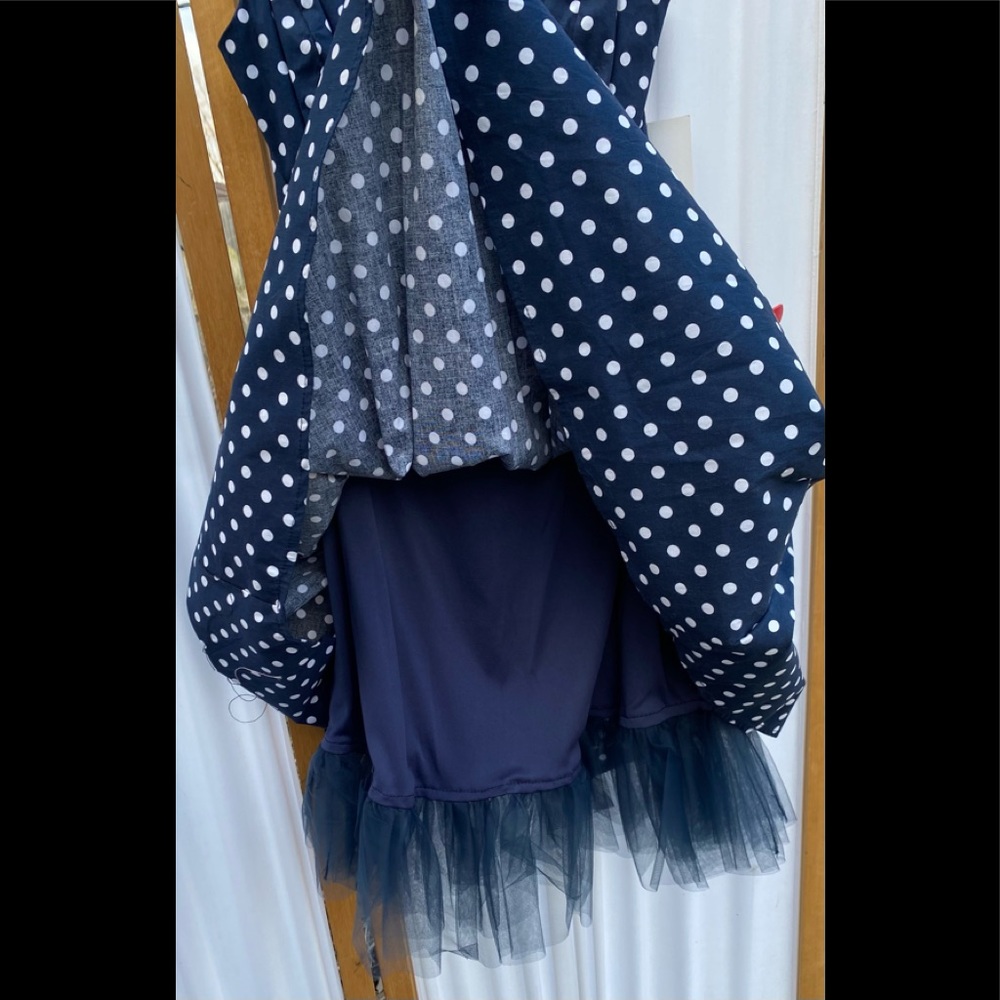 Emerald Sundae Sleeveless Navy Polka Dot Party Dress with Attached Slip - Picture 8 of 14
